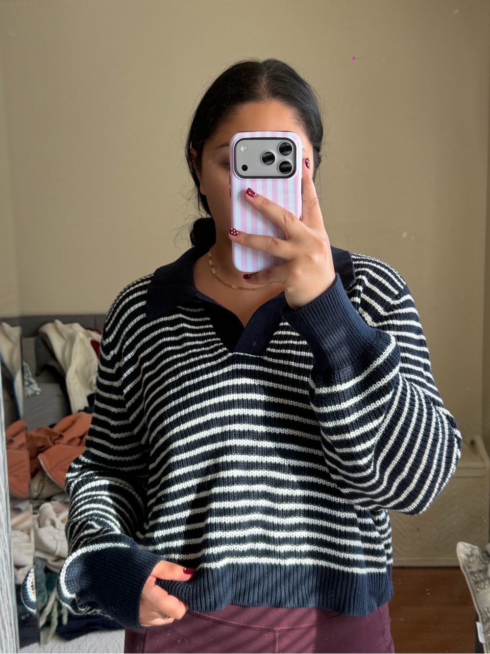 Striped Navy and White V-Neck Collared Women’s Sweater
